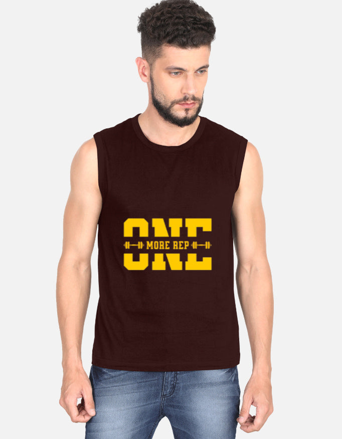 Man wearing a marron  sleeveless shirt with yellow text on a white background