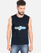 Man wearing a sleeveless dark blue shirt with a graphic design on a white background