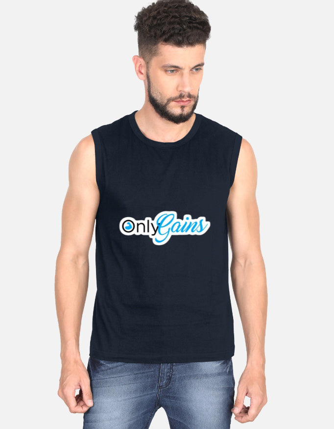 Man wearing a sleeveless dark blue shirt with a graphic design on a white background