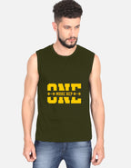 Man wearing a sleeveless green shirt with yellow text on a white background