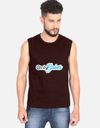 Man wearing a sleeveless marron shirt with a graphic design on a white background