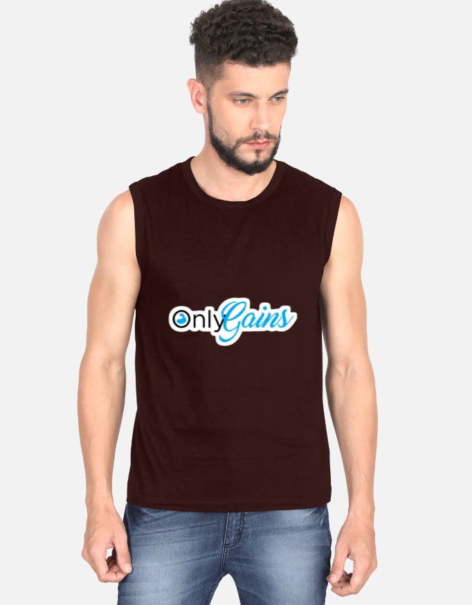 Man wearing a sleeveless marron shirt with a graphic design on a white background