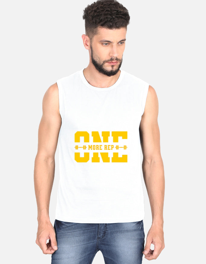 Man wearing a white sleeveless shirt with yellow text on a plain background