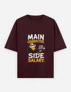 Maroon t-shirt with a graphic and text on a white background