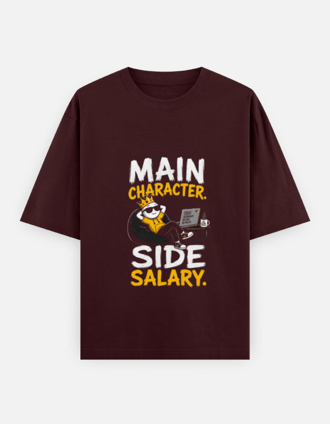 Maroon t-shirt with a graphic and text on a white background