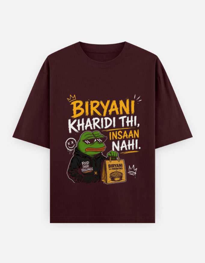 Maroon t-shirt with graphic design and text on a white background