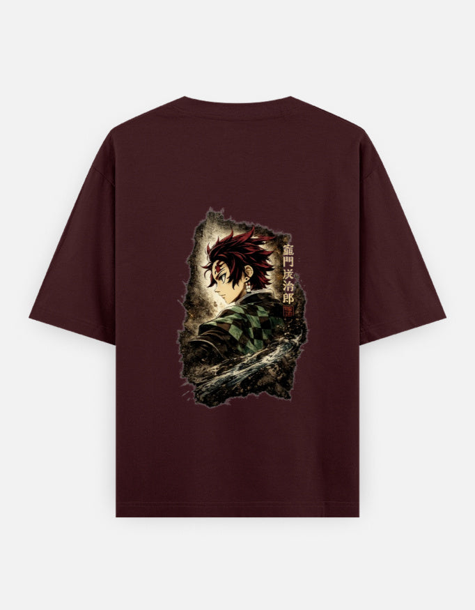Marron t-shirt with 'OUT WEST' text and demon slayer design on a white background