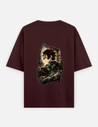 Marron t-shirt with 'OUT WEST' text and demon slayer design on a white background