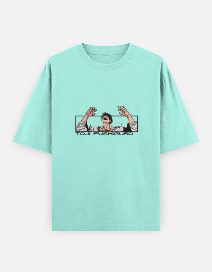 Mint green t-shirt with graphic design on a white background
