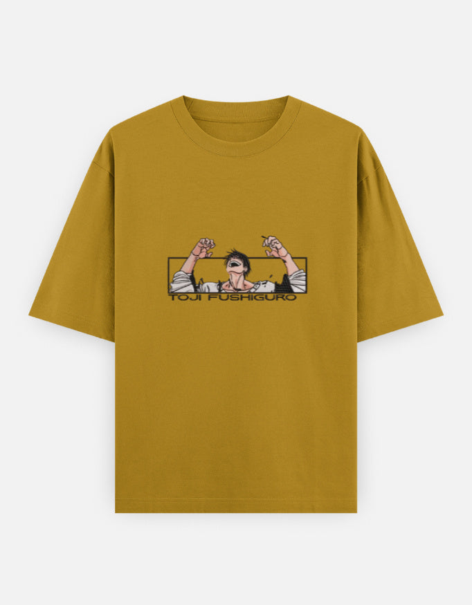 Mustard yellow t-shirt with graphic design on a white background