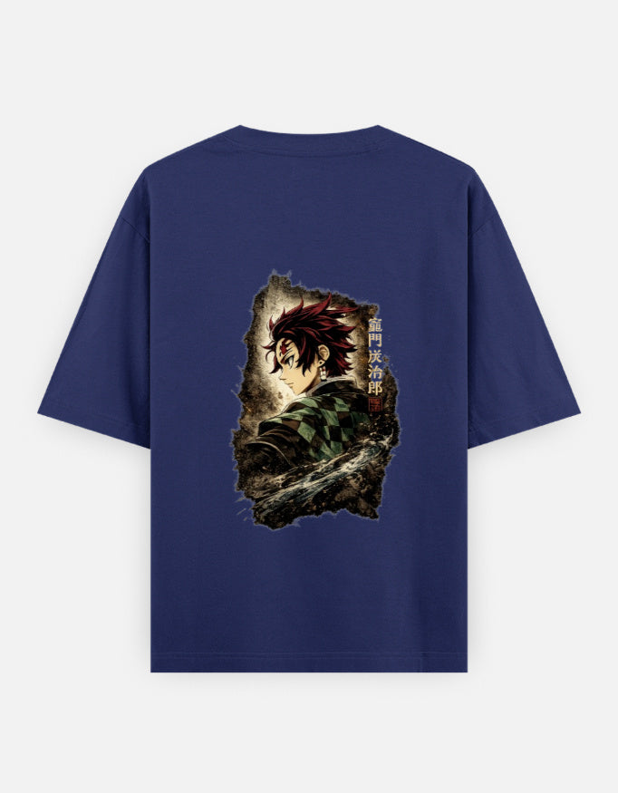 Navy Blue t-shirt with 'OUT WEST' text and demon slayer design on a white background