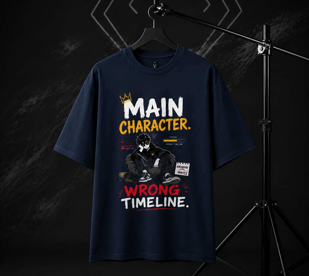 Navy blue t-shirt with graphic design and text on a dark background