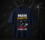 Navy blue t-shirt with graphic design and text on a dark background