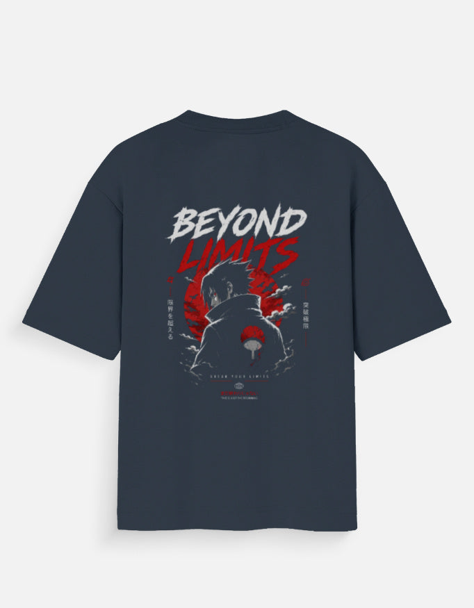 Navy blue t-shirt with 'BEYOND LIMITS' graphic on a white background