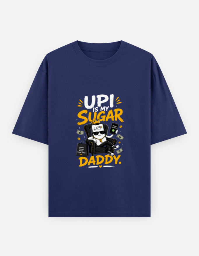 Navy blue t-shirt with a graphic and text on a white background