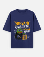 Navy blue t-shirt with a graphic design featuring a character and text on a white background