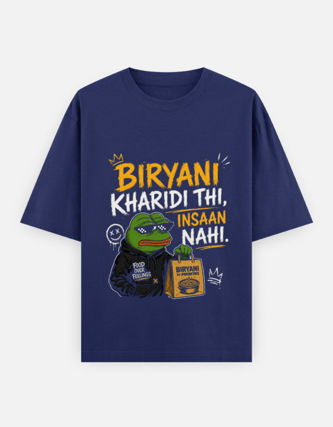 Navy blue t-shirt with a graphic design featuring a character and text on a white background