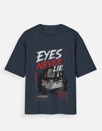 Navy blue t-shirt with graphic design and text 'EYES NEVER LIE' on a white background