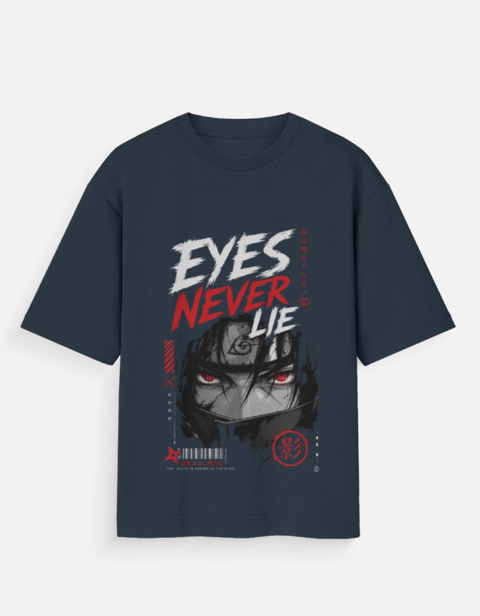 Navy blue t-shirt with graphic design and text 'EYES NEVER LIE' on a white background