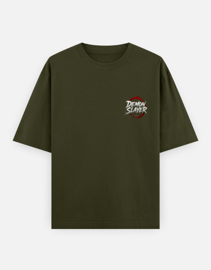 Olive Green t-shirt with 'Demon Slayer' logo on a white background