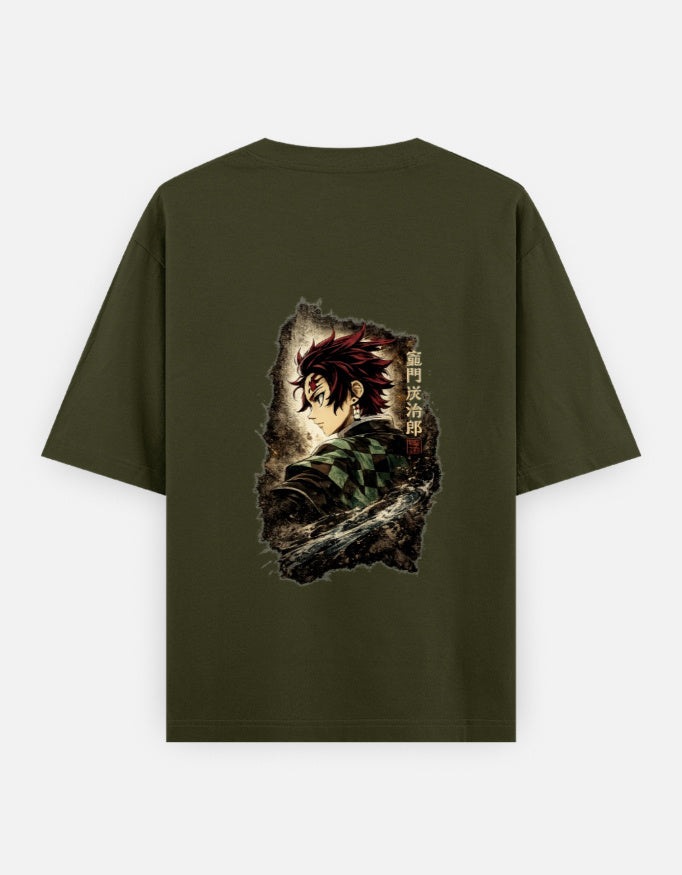 Olive Green t-shirt with 'OUT WEST' text and demon slayer design on a white background