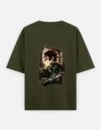 Olive Green t-shirt with 'OUT WEST' text and demon slayer design on a white background