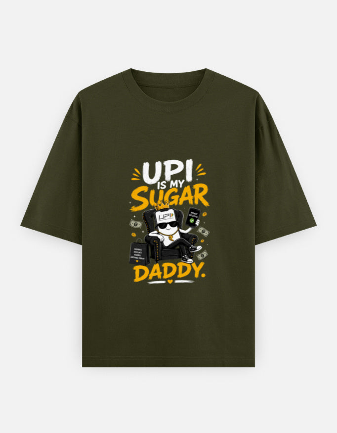 Olive Green  t-shirt with graphic design and text on a white background
