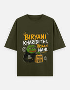 Olive Green t-shirt with graphic design and text on a white background
