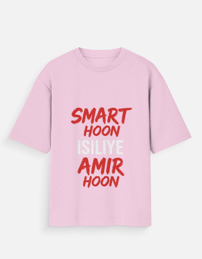 Pink t-shirt with red and white text on a light gray background