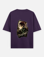 Purple t-shirt with 'OUT WEST' text and demon slayer design on a white background