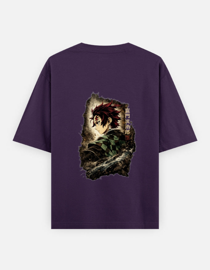 Purple t-shirt with 'OUT WEST' text and demon slayer design on a white background