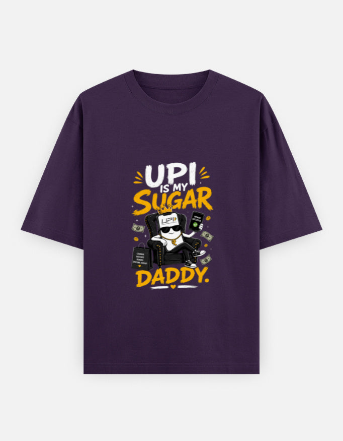 Purple t-shirt with graphic design and text of upi is my daddy  on a white background