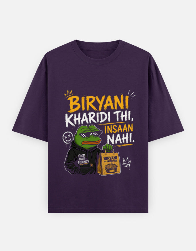 Purple t-shirt with graphic design and text on a white background