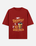 Red t-shirt with humorous text design on a white background