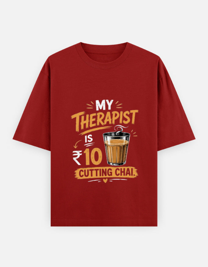 Red t-shirt with humorous text design on a white background