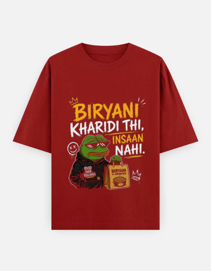 Red t-shirt with graphic design and text on a white background