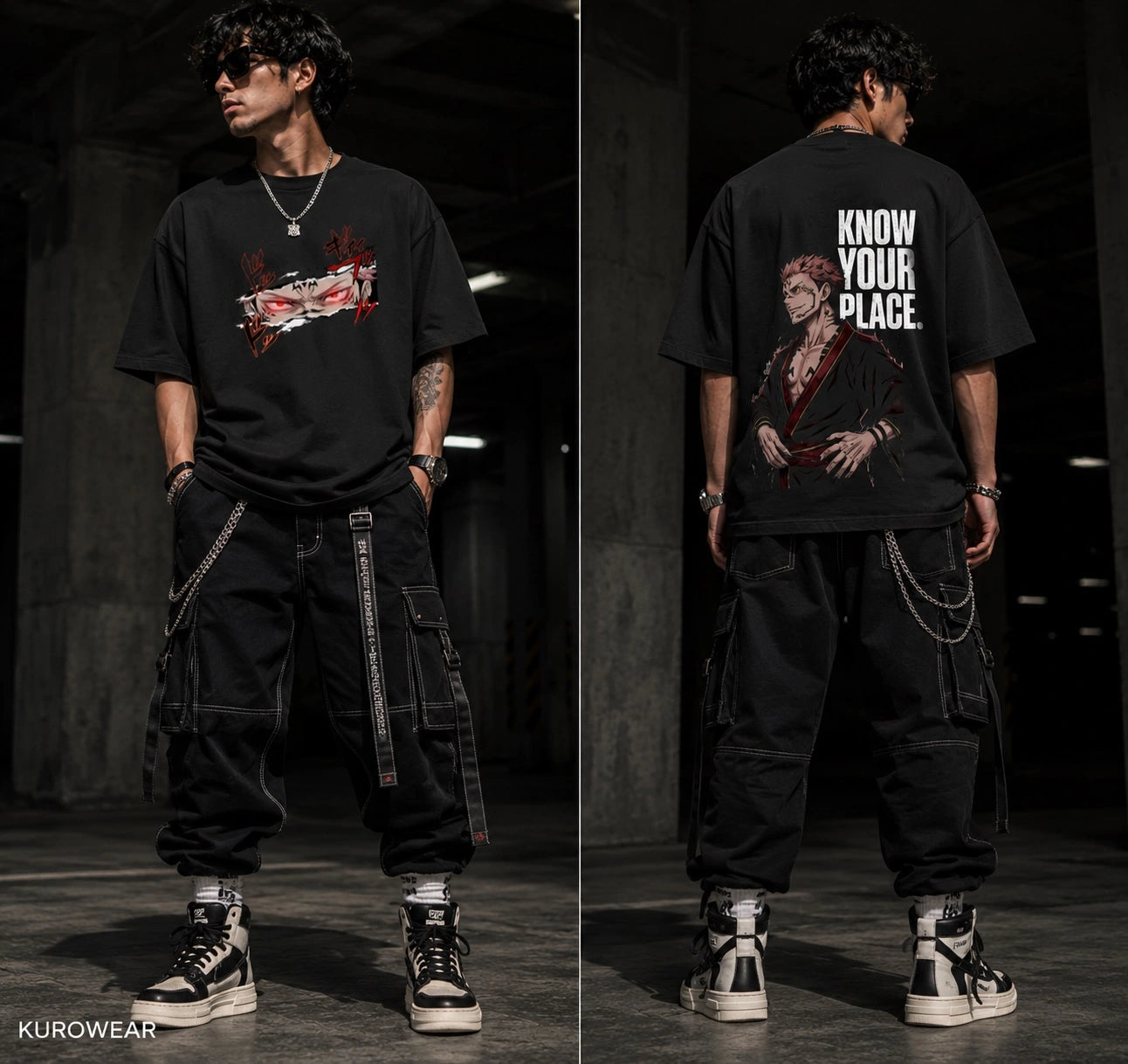 A model shown in a split front-and-back view wearing a black graphic T-shirt, black cargo pants, and black-and-white sneakers in a dark indoor setting. The shirt features a red-and-white graphic on the front and bold white text reading 'KNOW YOUR PLACE.