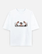 White t-shirt with graphic design on a white background