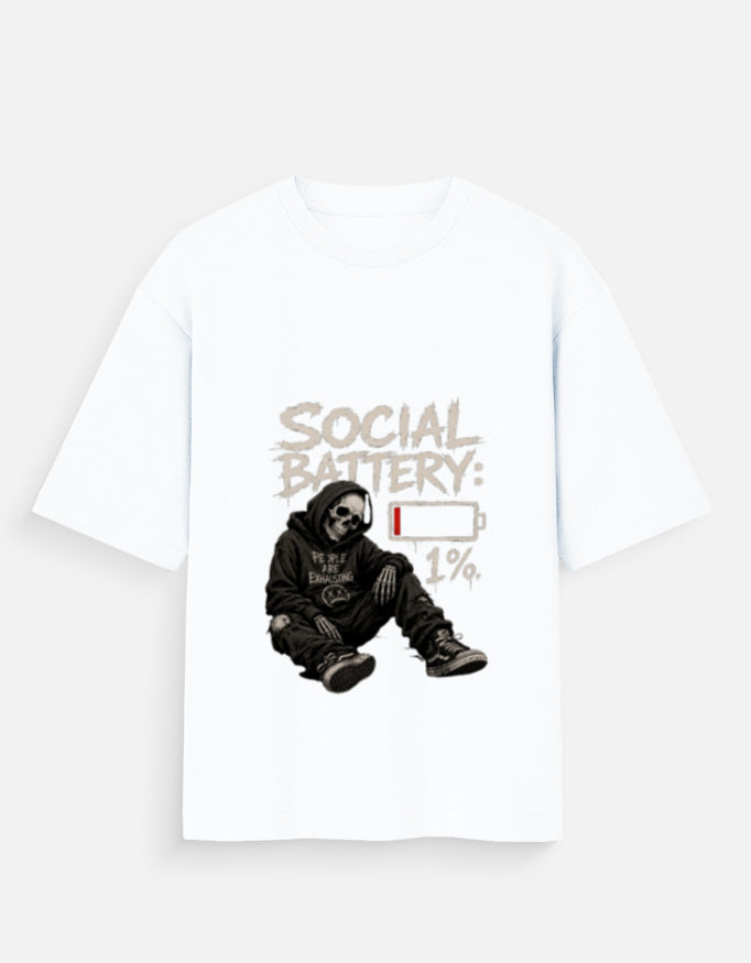 White T-shirt with graphic design of a person in a hoodie and text 'Social Battery: 1%' on a white background