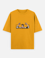 Yellow t-shirt with graphic design on a white background