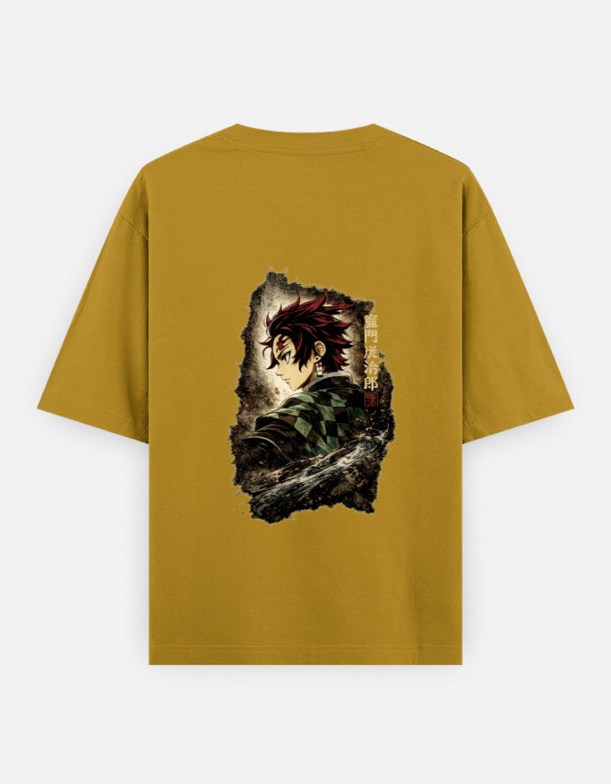 Yellow t-shirt with 'OUT WEST' text and demon slayer design on a white background