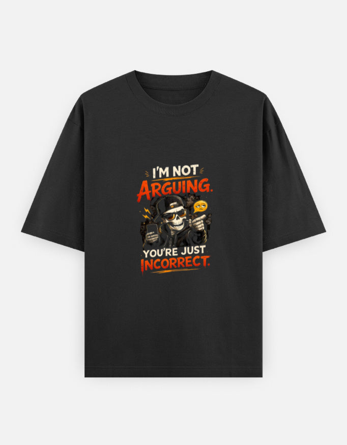 A black short-sleeve t-shirt with a graphic print on the front. The graphic features a cartoon skeleton soldier holding a rifle and a grenade, with the text 'I'M NOT ARGUING.