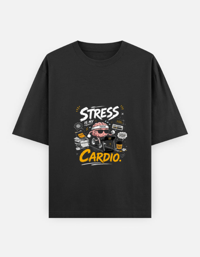 A black short-sleeve t-shirt with a graphic on the chest that reads 'STRESS IS MY CARDIO.' in white and yellow text, featuring a cartoon character in a heart-shaped helmet, shown against a light gray background.