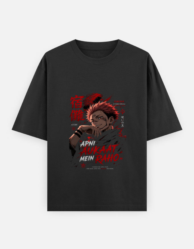 A black short-sleeve t-shirt with a graphic print of the anime character Apni on the front, featuring red and white text and Japanese characters, displayed against a light gray background.