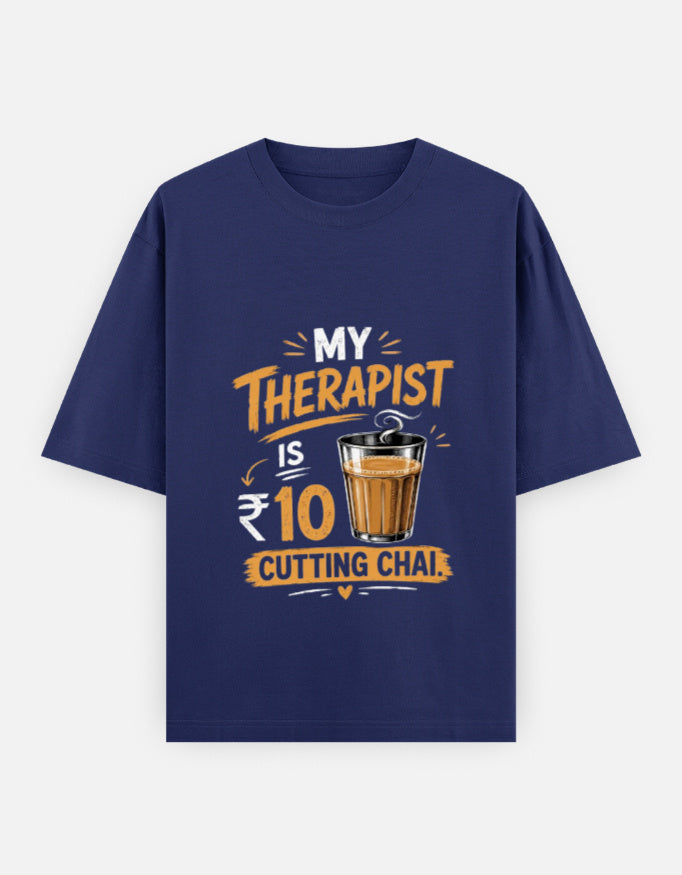 Navy blue t-shirt with humorous text design on a white background