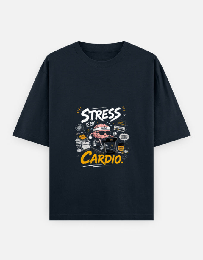 A dark blue short-sleeve t-shirt with a graphic on the chest that reads 'STRESS IS MY CARDIO.' in white and yellow text, featuring a cartoon character in a heart-shaped helmet, shown against a light gray background.