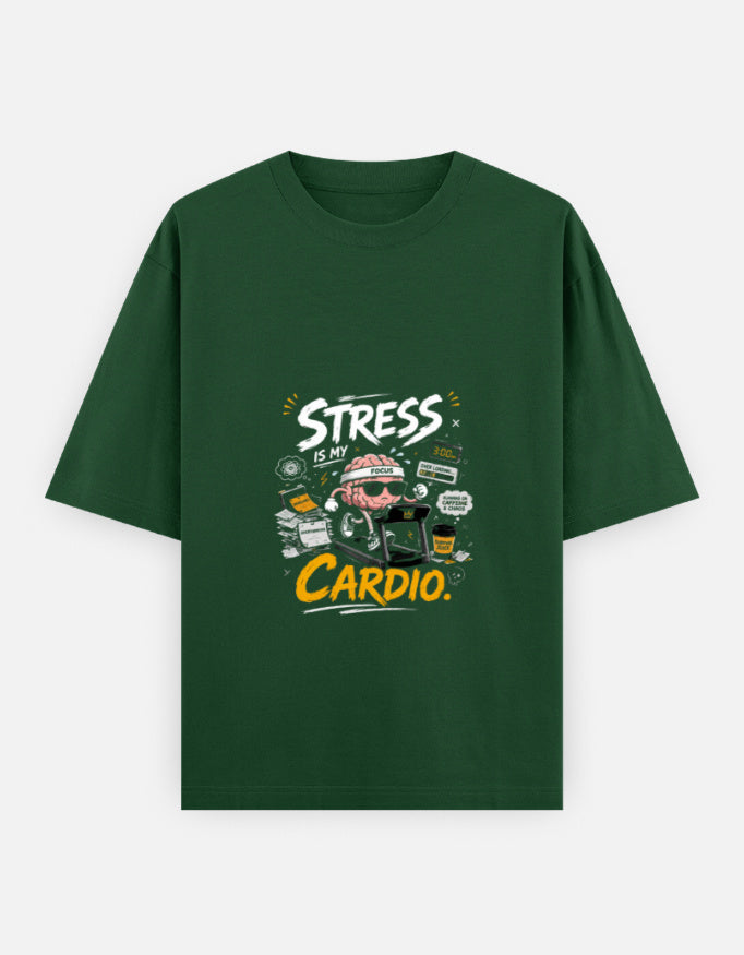 A dark green short-sleeve t-shirt with a graphic on the chest that reads 'STRESS IS MY CARDIO.' in white and yellow text, featuring a cartoon character in a heart-shaped helmet, shown against a light gray background.