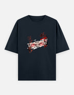 A dark navy blue short-sleeve t-shirt with a graphic print of a stylized anime character's face on the chest, featuring red eyes and red sketch-like accents, shown against a light gray background.