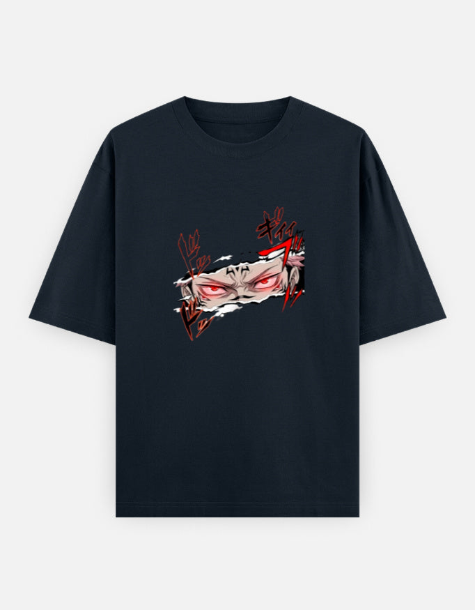 A dark navy blue short-sleeve t-shirt with a graphic print of a stylized anime character's face on the chest, featuring red eyes and red sketch-like accents, shown against a light gray background.