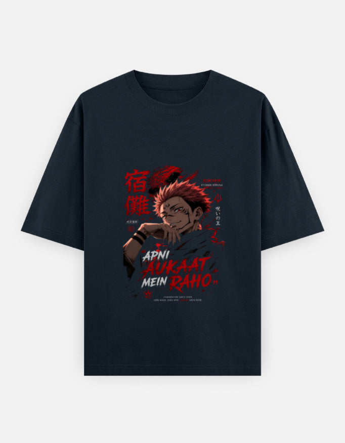 A dark navy blue short-sleeve t-shirt with a graphic print of the anime character Satoru Gojo from Jujutsu Kaisen, featuring red Japanese text and English text, displayed on a light gray background.